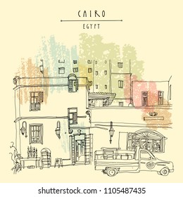 Cairo, Egypt, North Africa. A man selling hookahs in front of his house in old town. A pickup car parked. Travel poster, postcard, book illustration. Artistic hand drawing in vector