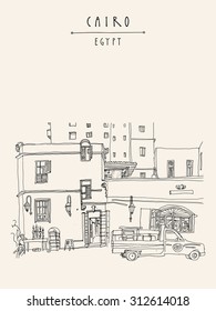 Cairo, Egypt, North Africa. A man selling hookahs in front of his house in old town. A pickup car parked. Travel poster, postcard or coloring book page in vector. Artistic hand drawing, lettering