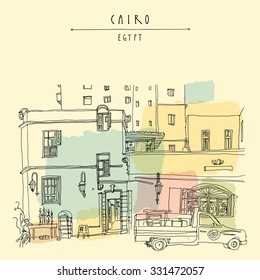 Cairo, Egypt, North Africa. A man selling hookahs in front of his house in old town. A pickup car parked. Travel poster or postcard in vector. Artistic hand drawing, lettering. Colorful template