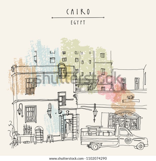 Cairo,\
Egypt, North Africa. A man selling hookahs in front of his house in\
old town. A pickup car parked. Travel poster, postcard, book\
illustration. Artistic hand drawing in\
vector