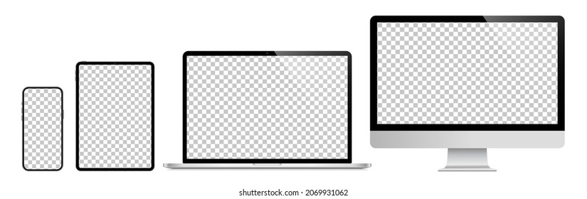 Cairo - Egypt - November, 6, 2021: Device screen mockup set of laptop, smartphone, tablet, and computer monitor. Vector illustration
