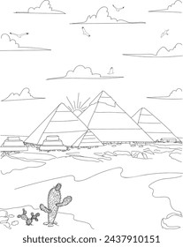 Cairo, Egypt - The Pyramids of Giza line art drawing for kids and adults coloring book