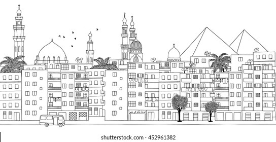 Cairo, Egypt - seamless banner of the city's skyline, hand drawn black and white illustration