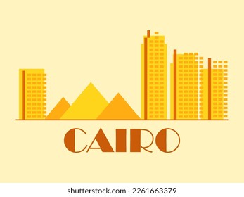 Cairo landscape in vintage style. Retro banner of Cairo with ancient Egyptian pyramids and houses in linear style. Design for print, posters and promotional materials. City logo. Vector illustration