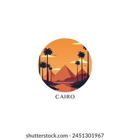 Cairo pyramids cityscape, vector badge, flat skyline logo, icon. Egypt round emblem idea with landscape silhouettes. Isolated graphic