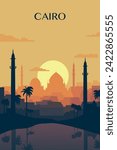 Cairo retro city poster with abstract shapes of skyline, buildings at sunrise or sunset. Vintage Egypt capital travel vector illustration