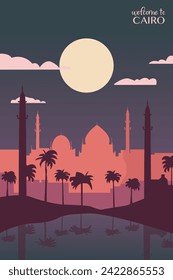 Afiche de la ciudad retro de El Cairo con formas abstractas del horizonte, edificios de noche. Ejemplo vectorial de Vintage Egypt Capital Travel