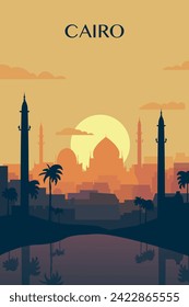 Afiche de la ciudad retro de El Cairo con formas abstractas del horizonte, edificios al amanecer o al atardecer. Ejemplo vectorial de Vintage Egypt Capital Travel