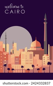 Afiche de la ciudad retro de El Cairo con formas abstractas de horizonte, edificios por la noche. Vintage Egipto ilustración vectorial de viaje de la capital