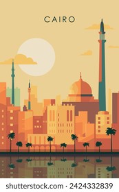 Afiche de la ciudad retro de El Cairo con formas abstractas de horizonte, edificios. Vintage Egipto ilustración vectorial de viaje de la capital