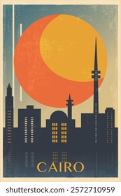 Cairo retro city poster with abstract shapes of skyline, buildings. Egypt vintage travel vector illustration, cityscape at sunrise, sunset