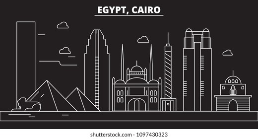 Kairo Silhouette Skyline. Ägypten - Kairo Vektorstadt, egyptische lineare Architektur, Gebäude. Kairo-Online-Reiseillustration, Wahrzeichen. Ägyptisches Flachsymbol, egypischer Skizzendesign-Banner