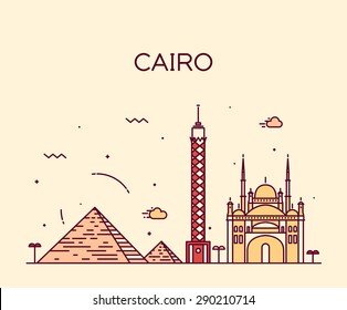 Cairo skyline, detailed silhouette. Trendy vector illustration, linear style.