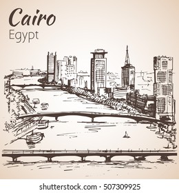 Cairo skyline, Egypt. Sketch.  Isolated on white background