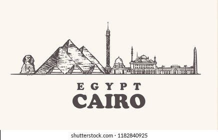 Cairo skyline, Egypt vintage vector illustration, hand drawn temples of Cairo city, on white background.