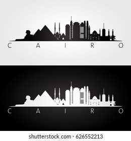 Cairo skyline and landmarks silhouette, black and white design, vector illustration.