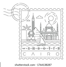 Cairo stamp, minimal linear vector illustration and typography design, Egypt