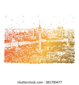 Cairo Tower in Egypt with the Nile River view. Hand drawn sketch. Vector illustration