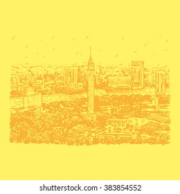 Cairo Tower in Egypt with the Nile River view. Hand drawn sketch. Vector illustration