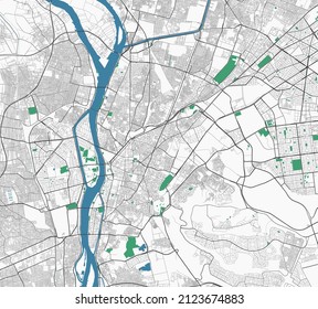 Kairo-Vektorkarte. Detaillierte Karte der Stadtverwaltung von Kairo. Stadtlandpanorama. Lizenzfreie Vektorgrafik. Straßenkarte mit Autobahnen, Flüssen.