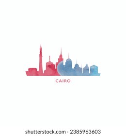 Cairo watercolor cityscape skyline city panorama vector flat modern logo, icon. Egypt town emblem concept with landmarks and building silhouettes. Isolated stamp style graphic