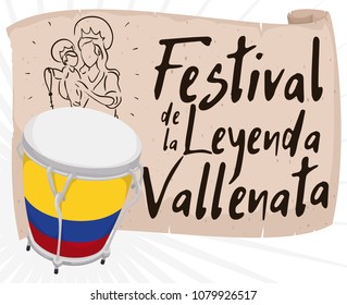 Caja vallenata drum decorated with tricolor and a scroll with draw of the Lady of the Rosary as part of the folklore and traditions in Vallenato Legend Festival (written in Spanish).