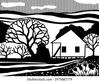 Cajun House Creole Cottage Or Acadian Style Dwelling Or Architecture In Black And White Retro Stencil Style