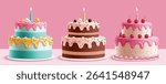 Cake 3d elements clipart set. Two layers cake sweet dessert clip art in chocolate, cherry and strawberry flavors for birthday celebration collection elements vector illustration. 
