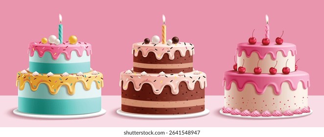 Cake 3d elements clipart set. Two layers cake sweet dessert clip art in chocolate, cherry and strawberry flavors for birthday celebration collection elements vector illustration. 
