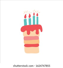 Cake with 4 candles - colorful hand drawn vector illustration. Isolated element in flat design for baby birthday card, party banner, celebration poster etc.