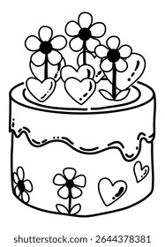 O bolo é adornado com decorações deliciosas, incluindo três flores e três formas de coração, algumas aparentemente emergindo do topo.
