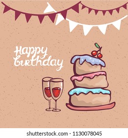 Cake ans Happy Birthday Handwritten vector calligraphy with abstract cake. hand drawing