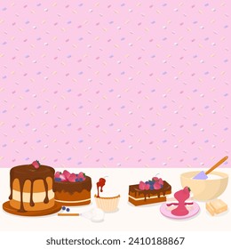 Cake background concept. Chocolate cake, strawberry shortcake, cupcake, and mixing bowl with multicolor sugar sprinkles pattern.
