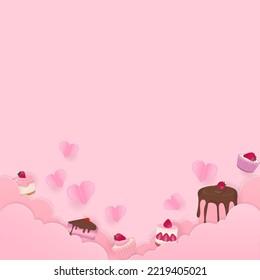 Cake background, design with cake, cupcake, cloud, heart, and space for copy text.