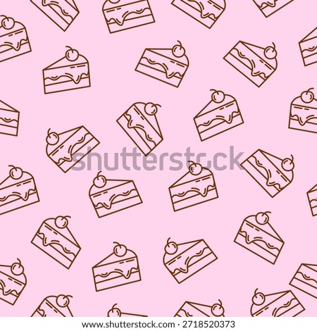 Cake background. Seamless pattern of melted cake slice with cherry. Hand drawn style