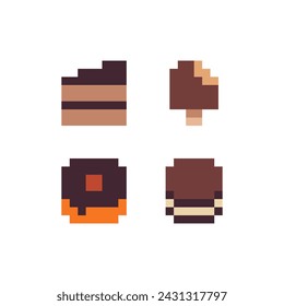 Cake, bagel, cake and cupcake pixel art icons set. Design for stickers, logo, web and mobile app. Isolated vector illustration. 8-bit sprite game assets.