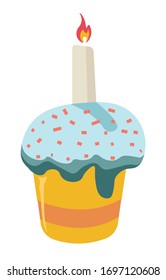 Cake baked for easter holiday celebration, isolated bread decorated with crumbs and sprinkles. Religious event meal, homemade product with candle and flames. Bread loaf festive vector in flat style