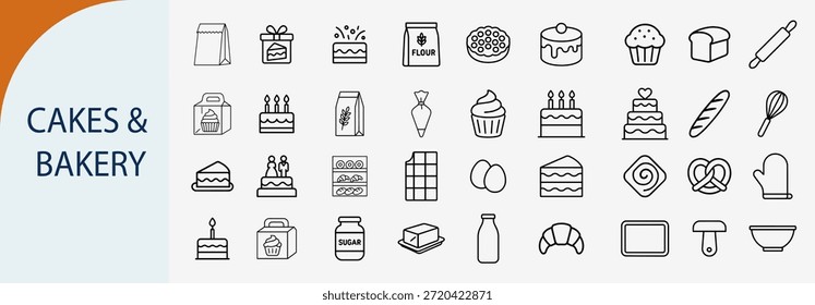 Kuchen und Bäckerei Ikone Set Backdesserts minimal schwarze Linie Kunst