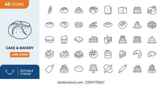 Cake and bakery Line Editable Icons set. cake, bread, cookies and more	
