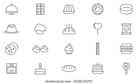 Conjunto de iconos de línea de pastel y panadería. Contiene comidas, restaurantes, platos, pan, cupcake, panqueque, rosquilla, pastel, pudín, galletas, galletas, hamburguesa, pizza, sándwich, línea de perro caliente conjunto de iconos. Ui línea delgada