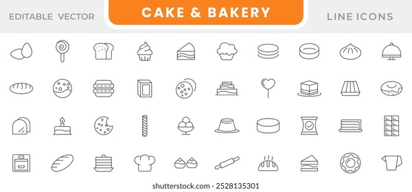 Conjunto de iconos de línea de pastel y panadería. Contiene comidas, restaurantes, platos, pan, cupcake, panqueque, rosquilla, pastel, pudín, galletas, galletas, hamburguesa, pizza, sándwich, línea de perro caliente conjunto de iconos. Ui línea delgada