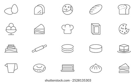 Conjunto de iconos de línea de pastel y panadería. Contiene comidas, restaurantes, platos, pan, cupcake, panqueque, rosquilla, pastel, pudín, galletas, galletas, hamburguesa, pizza, sándwich, línea de perro caliente conjunto de iconos. Ui línea delgada