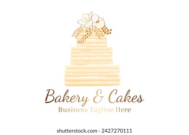 Cake Bakery Logo in Elegant Style and Gold Flowers