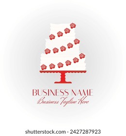 Cake Bakery Logo in Elegant Style with Red Flowers