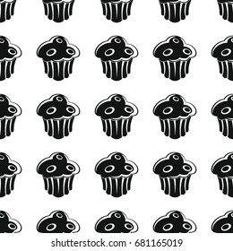 Cake bakery product black simple silhouette vector seamless pattern, silhouette stylish texture. Repeating cake seamless pattern background for bakery design