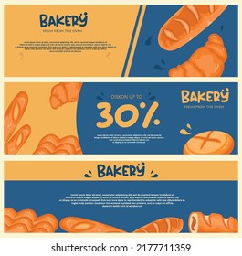 Cake And Bakery Products Vector Banner With Discount And Dessert Display. Wheat, Rye Bread, Bagels And Pretzels, Sweetbreads. Vector Illustration