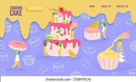 Cake baking concept, tiny people cartoon characters, website page template, vector illustration. Men and women decorating huge cake with fresh fruit and berries. Bakery dessert cooking, pastry team