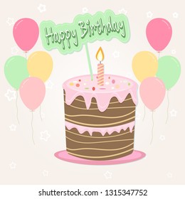 Cake and balloon Greeting card, Happy Birthday card illustration
