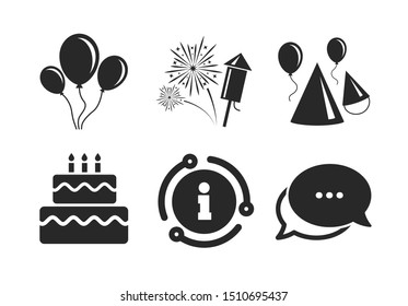 Cake, balloon, hat and muffin signs. Chat, info sign. Birthday party icons. Fireworks with rocket symbol. Double decker with candle. Classic style speech bubble icon. Vector