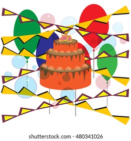 Cake and balloons. Garlands of flags. Soap bubbles on a white background.